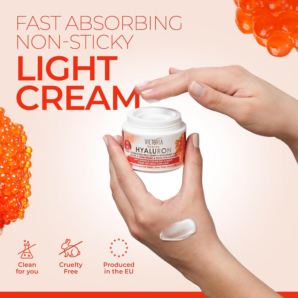 Victoria Beauty  Hyaluron, Retinol & Caviar Anti-Aging Cream with Red Grape (Ages 50-65+) – 50ml