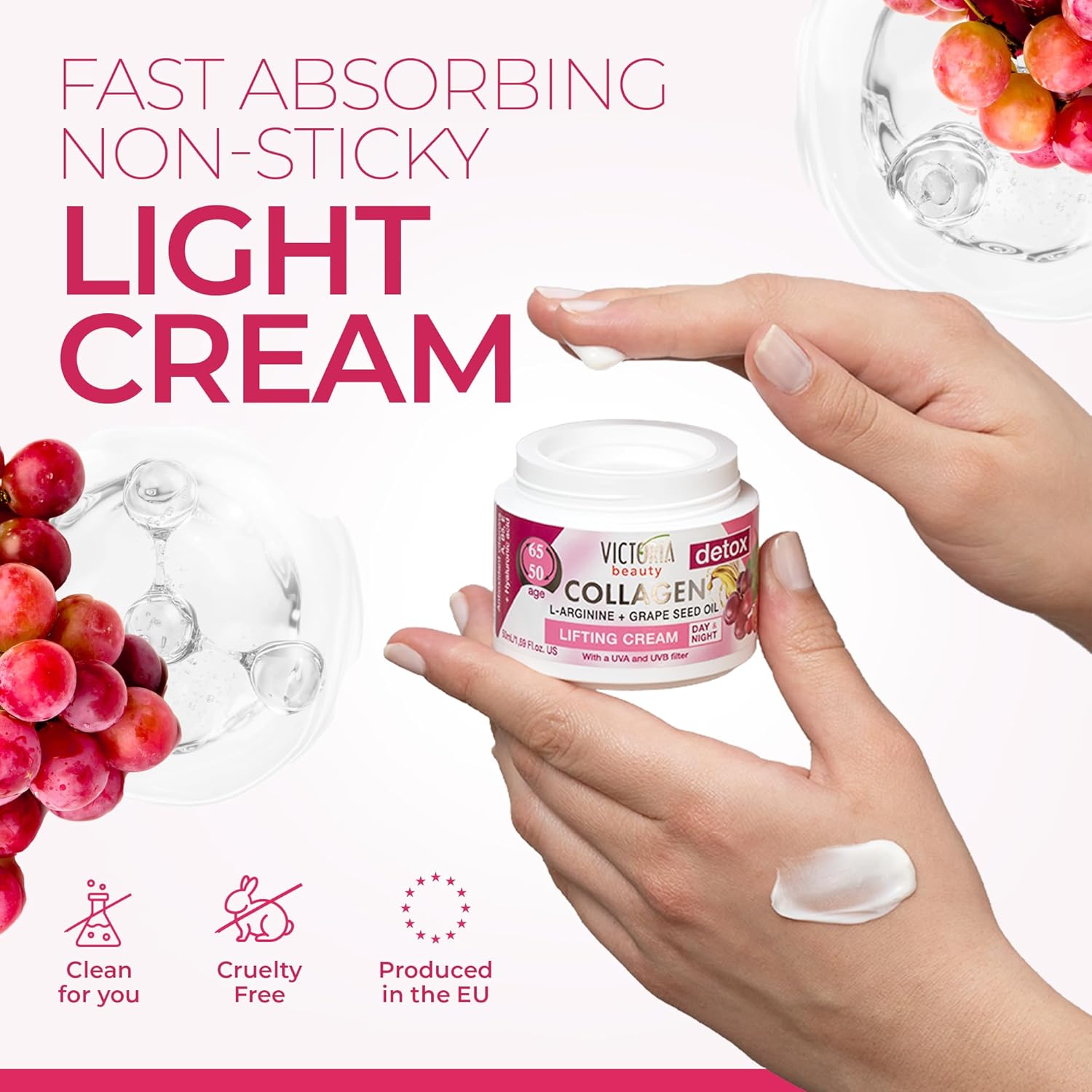 Victoria Beauty Detox & Collagen 50ml Lifting Face Cream Grape Seed Oil L-Arginine Ages 50-65