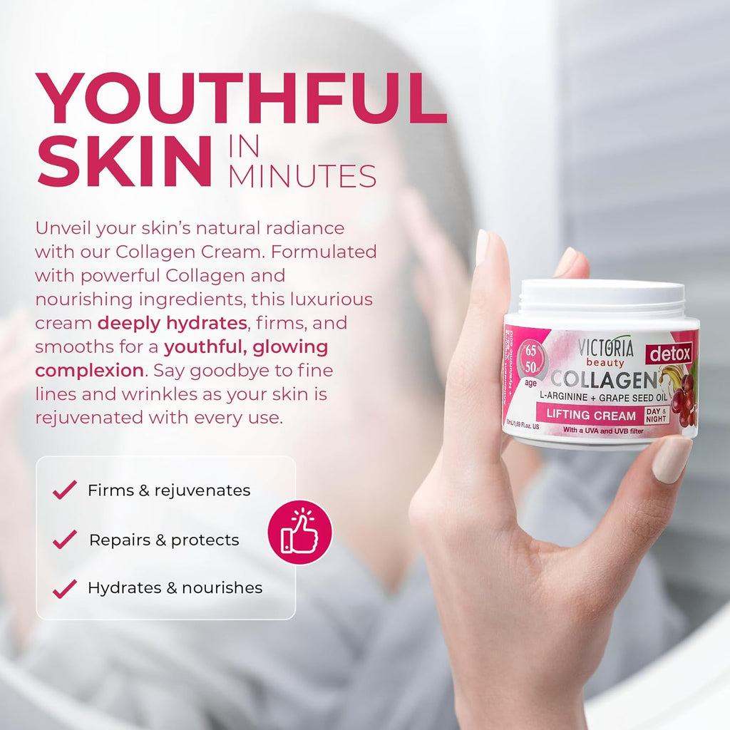 Victoria Beauty Detox & Collagen 50ml Lifting Face Cream Grape Seed Oil L-Arginine Ages 50-65
