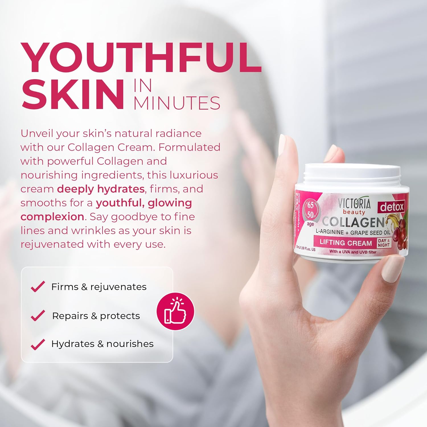 Victoria Beauty Detox & Collagen 50ml Lifting Face Cream Grape Seed Oil L-Arginine Ages 50-65