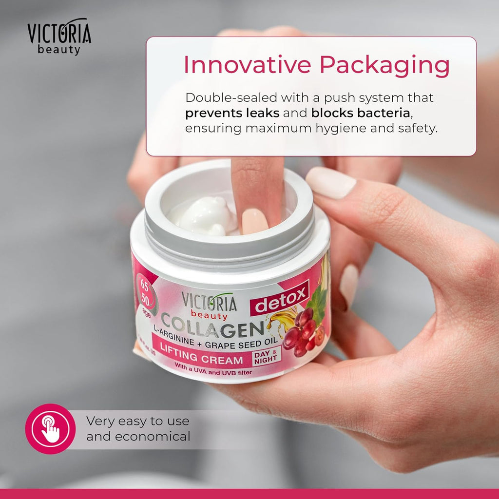 Victoria Beauty Detox & Collagen 50ml Lifting Face Cream Grape Seed Oil L-Arginine Ages 50-65