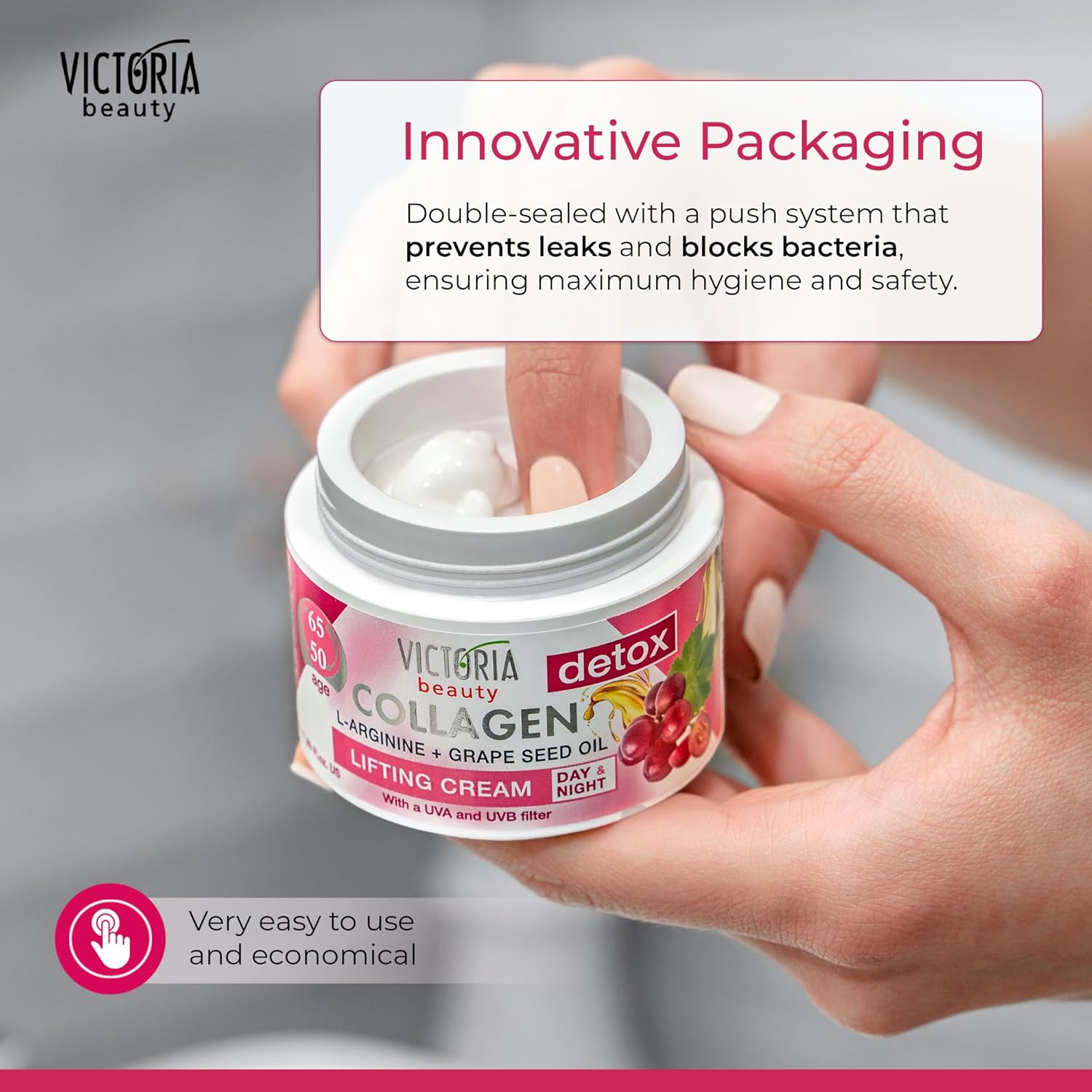 Victoria Beauty Detox & Collagen 50ml Lifting Face Cream Grape Seed Oil L-Arginine Ages 50-65