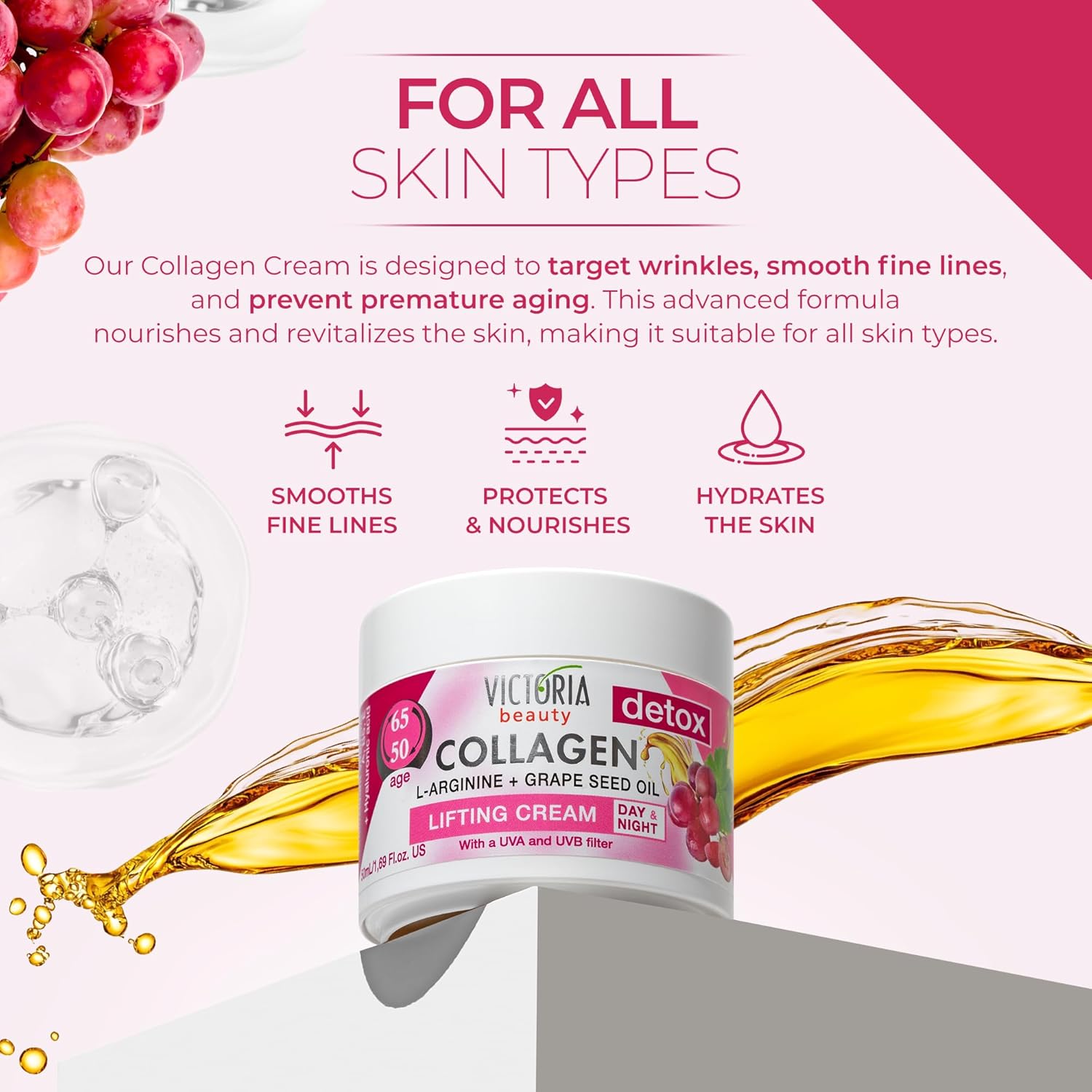 Victoria Beauty Detox & Collagen 50ml Lifting Face Cream Grape Seed Oil L-Arginine Ages 50-65