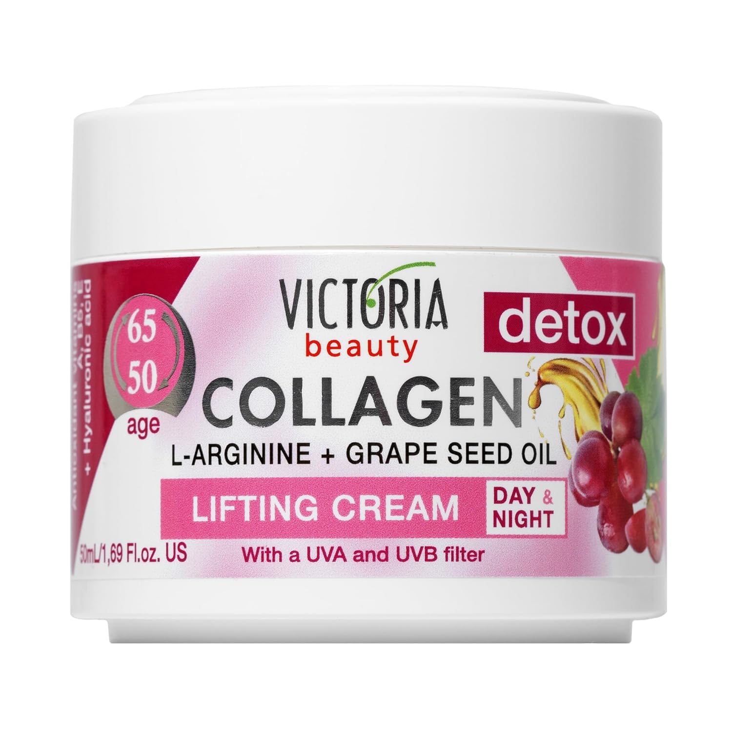 Victoria Beauty Detox & Collagen 50ml Lifting Face Cream Grape Seed Oil L-Arginine Ages 50-65