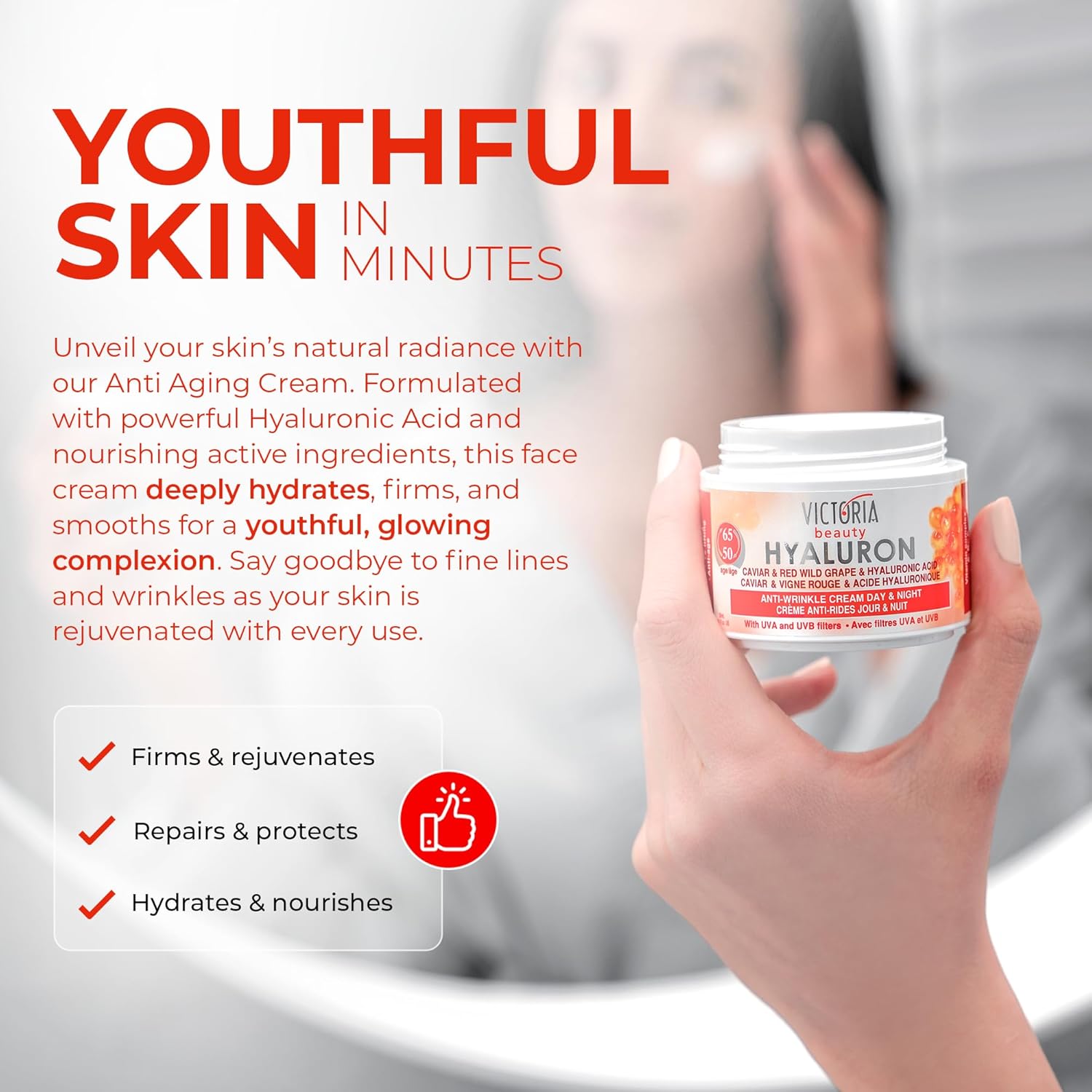 Victoria Beauty  Hyaluron, Retinol & Caviar Anti-Aging Cream with Red Grape (Ages 50-65+) – 50ml
