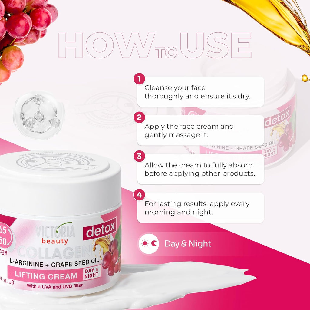 Victoria Beauty Detox & Collagen 50ml Lifting Face Cream Grape Seed Oil L-Arginine Ages 50-65