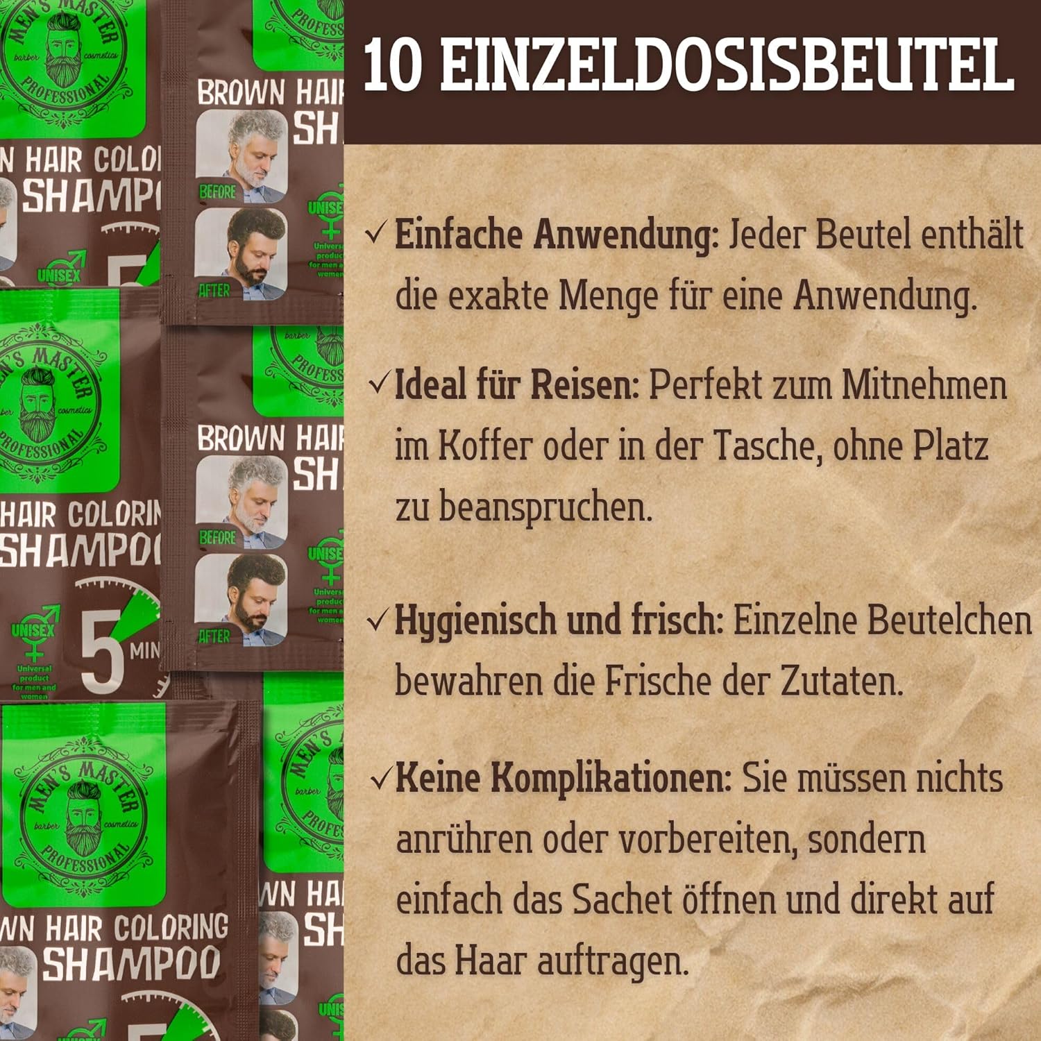 New Men's Master BROWN Hair Coloring Shampoo Cover 25ml Sachet Result in 5 min