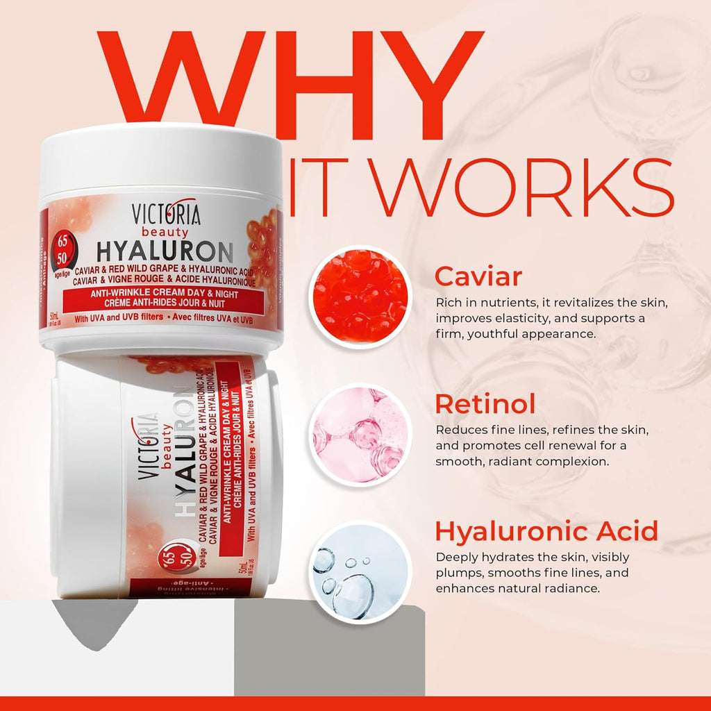 Victoria Beauty  Hyaluron, Retinol & Caviar Anti-Aging Cream with Red Grape (Ages 50-65+) – 50ml