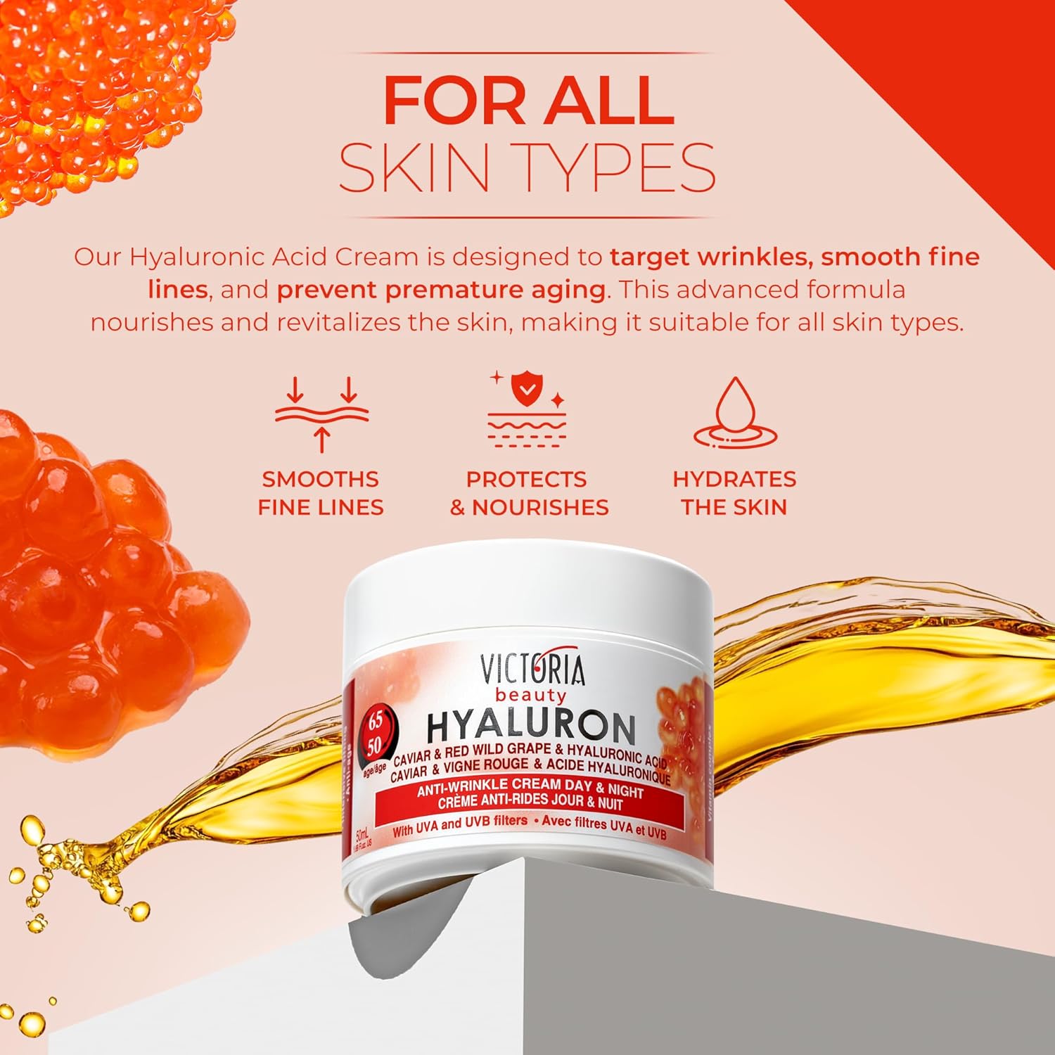 Victoria Beauty  Hyaluron, Retinol & Caviar Anti-Aging Cream with Red Grape (Ages 50-65+) – 50ml