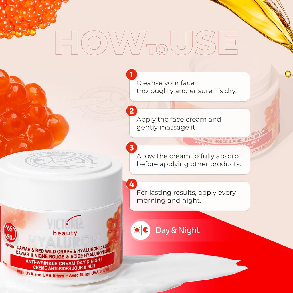 Victoria Beauty  Hyaluron, Retinol & Caviar Anti-Aging Cream with Red Grape (Ages 50-65+) – 50ml