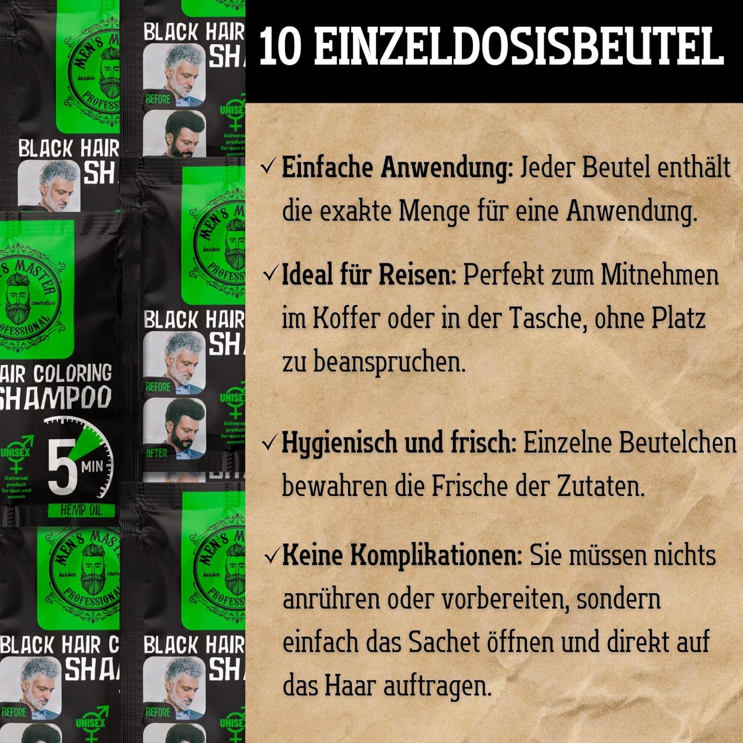 New Men's Master BLACK Hair Coloring Shampoo Cover 25ml Sachet Result in 5 min