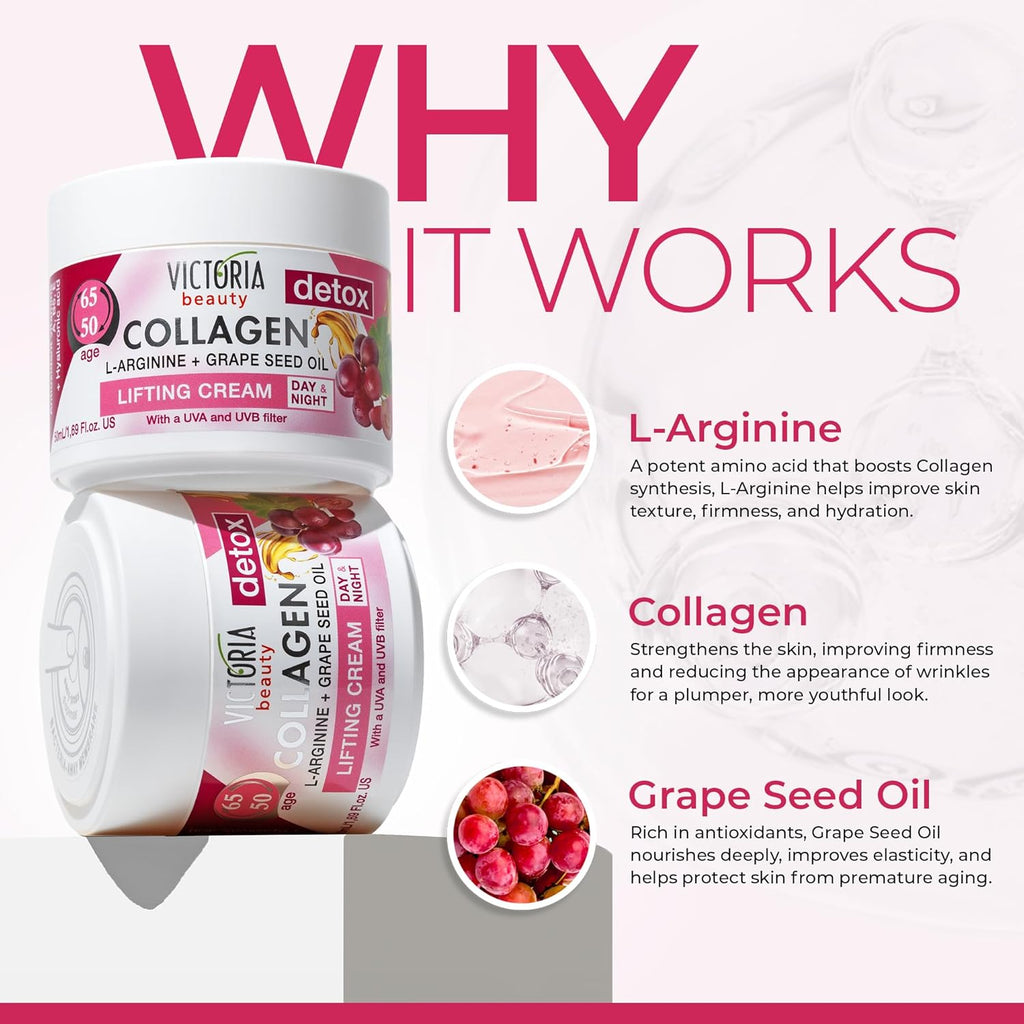 Victoria Beauty Detox & Collagen 50ml Lifting Face Cream Grape Seed Oil L-Arginine Ages 50-65
