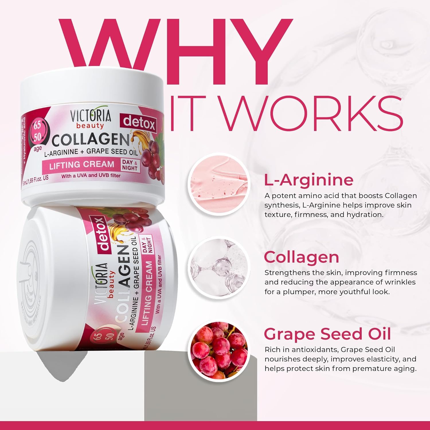 Victoria Beauty Detox & Collagen 50ml Lifting Face Cream Grape Seed Oil L-Arginine Ages 50-65