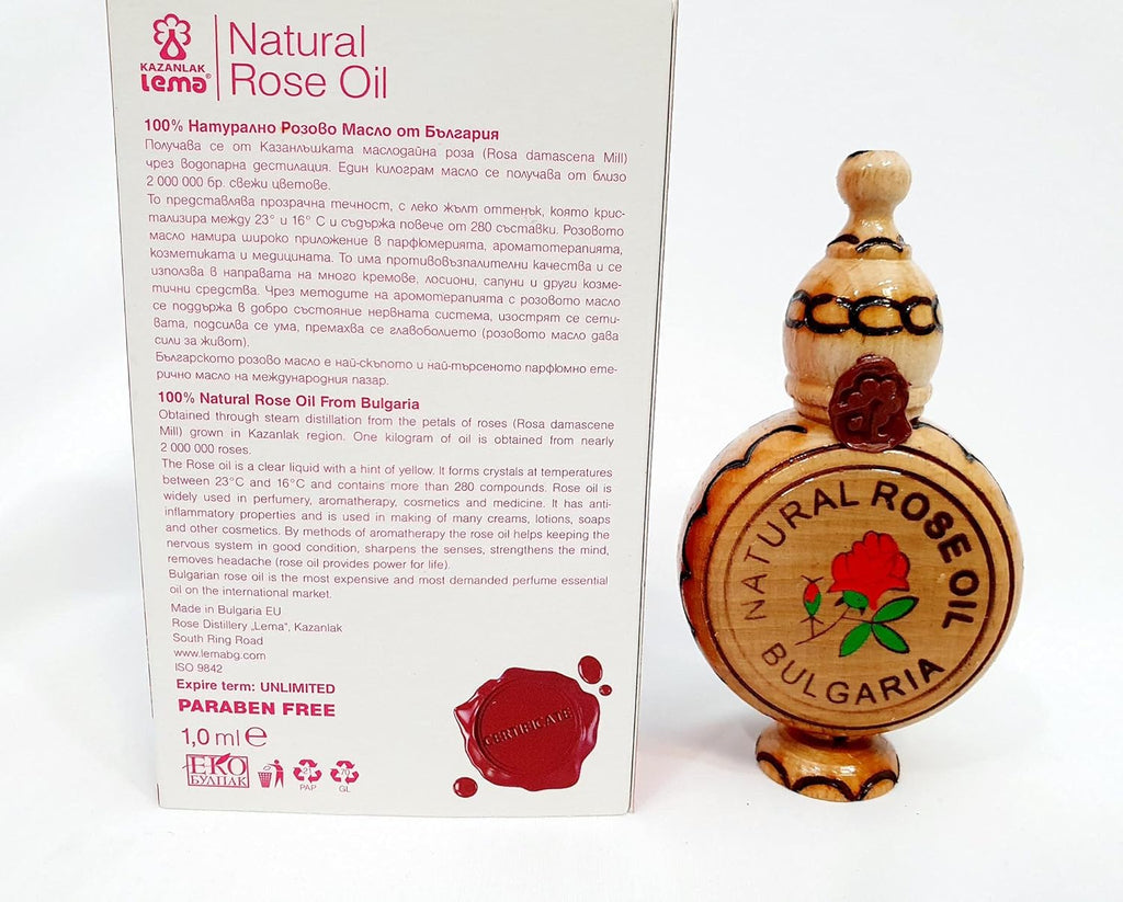 Lema 100% Natural Pure Bulgarian Rose Oil in a wooden souvenir 1.0 ml certified