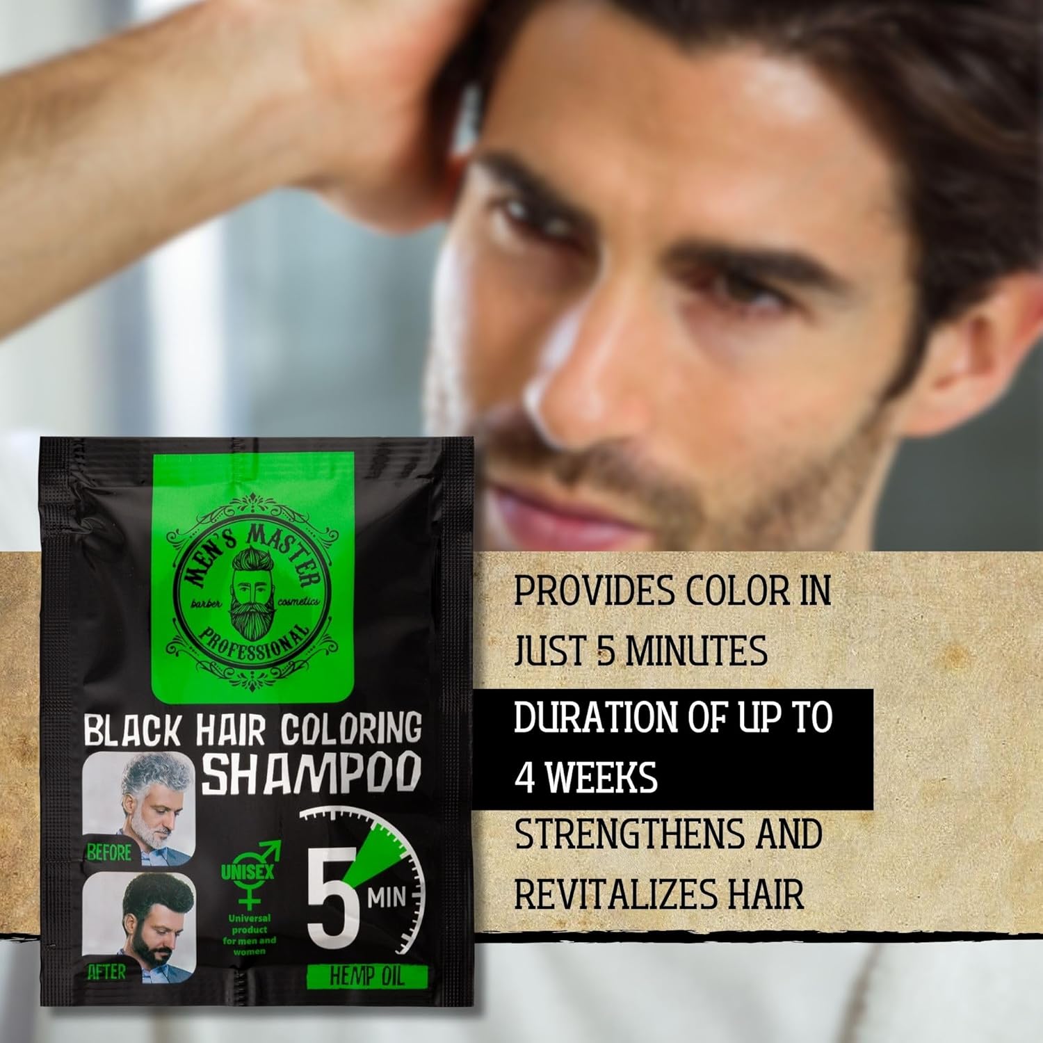 New Men's Master BLACK Hair Coloring Shampoo Cover 25ml Sachet Result in 5 min