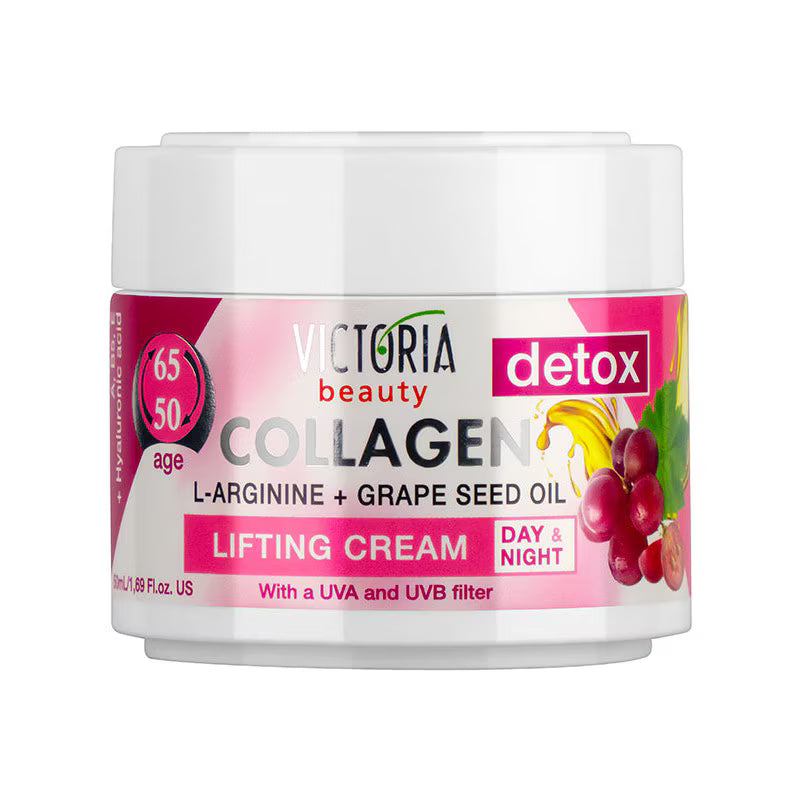 Victoria Beauty Detox & Collagen 50ml Lifting Face Cream Grape Seed Oil L-Arginine Ages 50-65