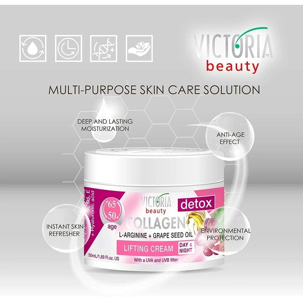 Victoria Beauty Detox & Collagen 50ml Lifting Face Cream Grape Seed Oil L-Arginine Ages 50-65