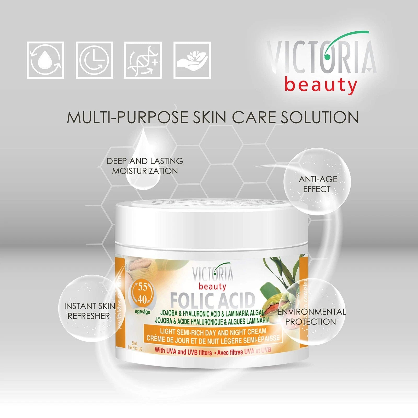 Victoria Beauty Folic Acid & Jojoba Anti-Ageing 50ml Cream UVA & UVB filters 40-55age Laminaria