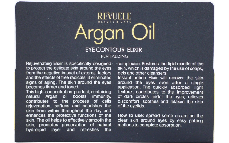 REVUELE BEAUTY & CARE ARGAN OIL EYE CONTOUR ELIXIR REVITALISING WIPES OUT FATIGUE ,WRINKLE AND DARK CIRCLES