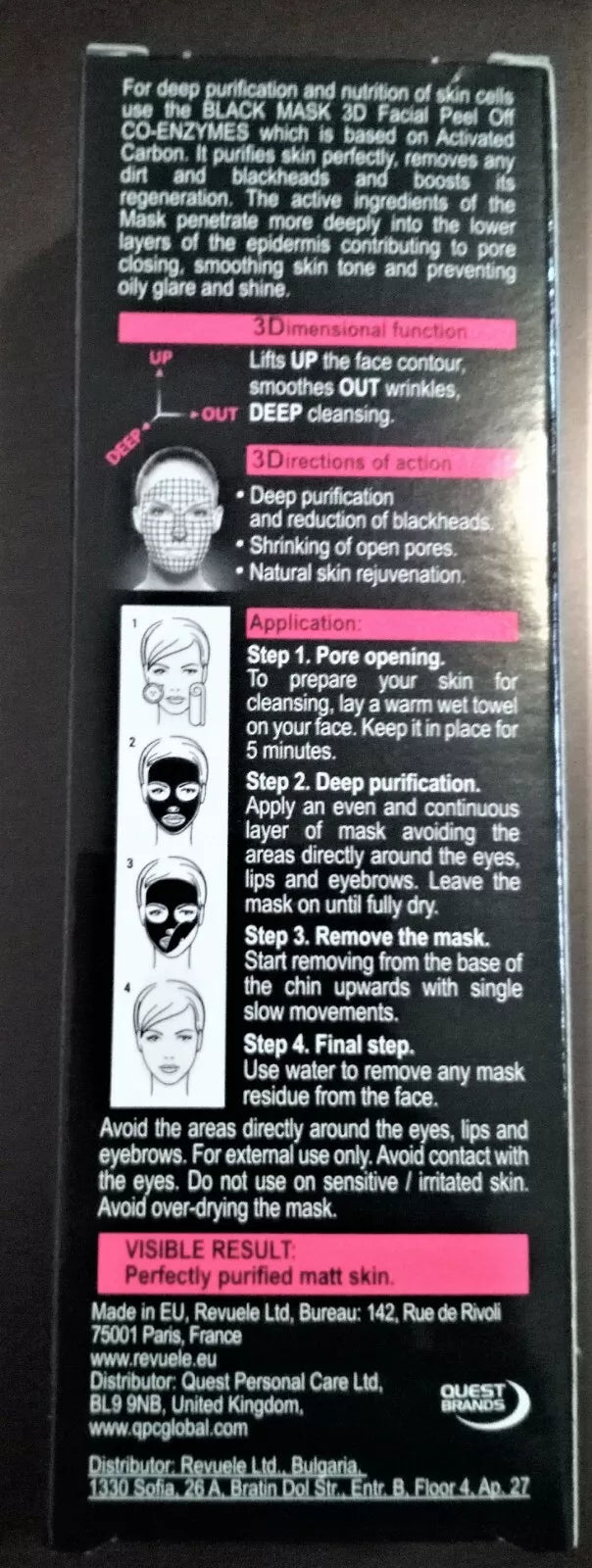 REVUELE BEAUTY & CARE BLACK MASK - Peel Off CO - ENZYMES DEEP CLEANSING 3D Facial mask – Activated carbon Reduces blackheads