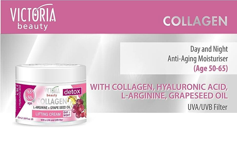 Victoria Beauty Detox & Collagen 50ml Lifting Face Cream Grape Seed Oil L-Arginine Ages 50-65
